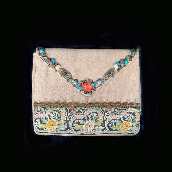 Mary Frances suede embroidered Asian motif clutch - Picture 1 of 9